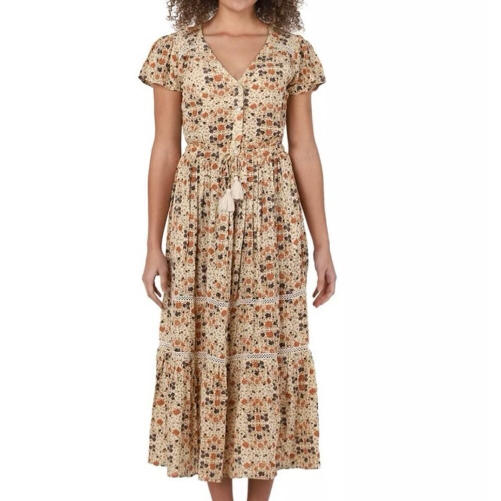 BLACK TAPE_ Floral Print Boho Prairie Crochet Lace Trim Tassel Maxi Dress - L